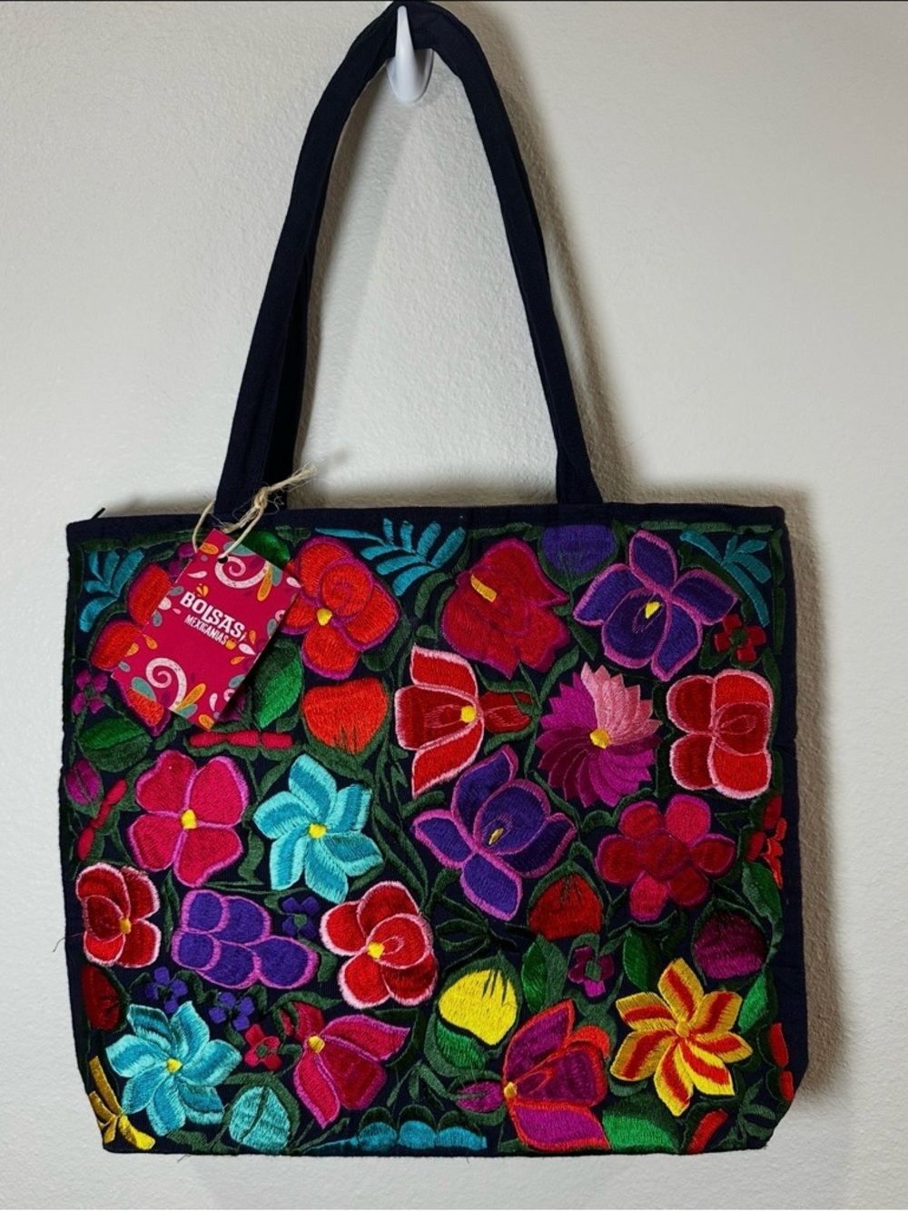 NWT Bolsas Mexicania Embroidered Floral Tote Bag - Black with Multicolor Flowers